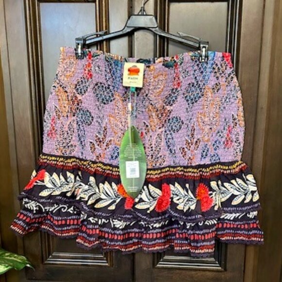 Farm Rio 100% Cotton Wild Night Lavender Ruffled Smocked Waist Mini Skirt